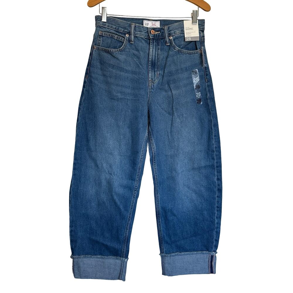 NWT Gap Cuffed Barrel Jeans High Rise Medium Wash Denim Loose Relaxed Size 6